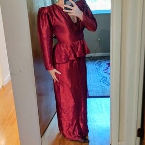 Vintage 80s Red Satin Peplum Maxi Evening Prom Winter Gothic Puff Vamp Dress S